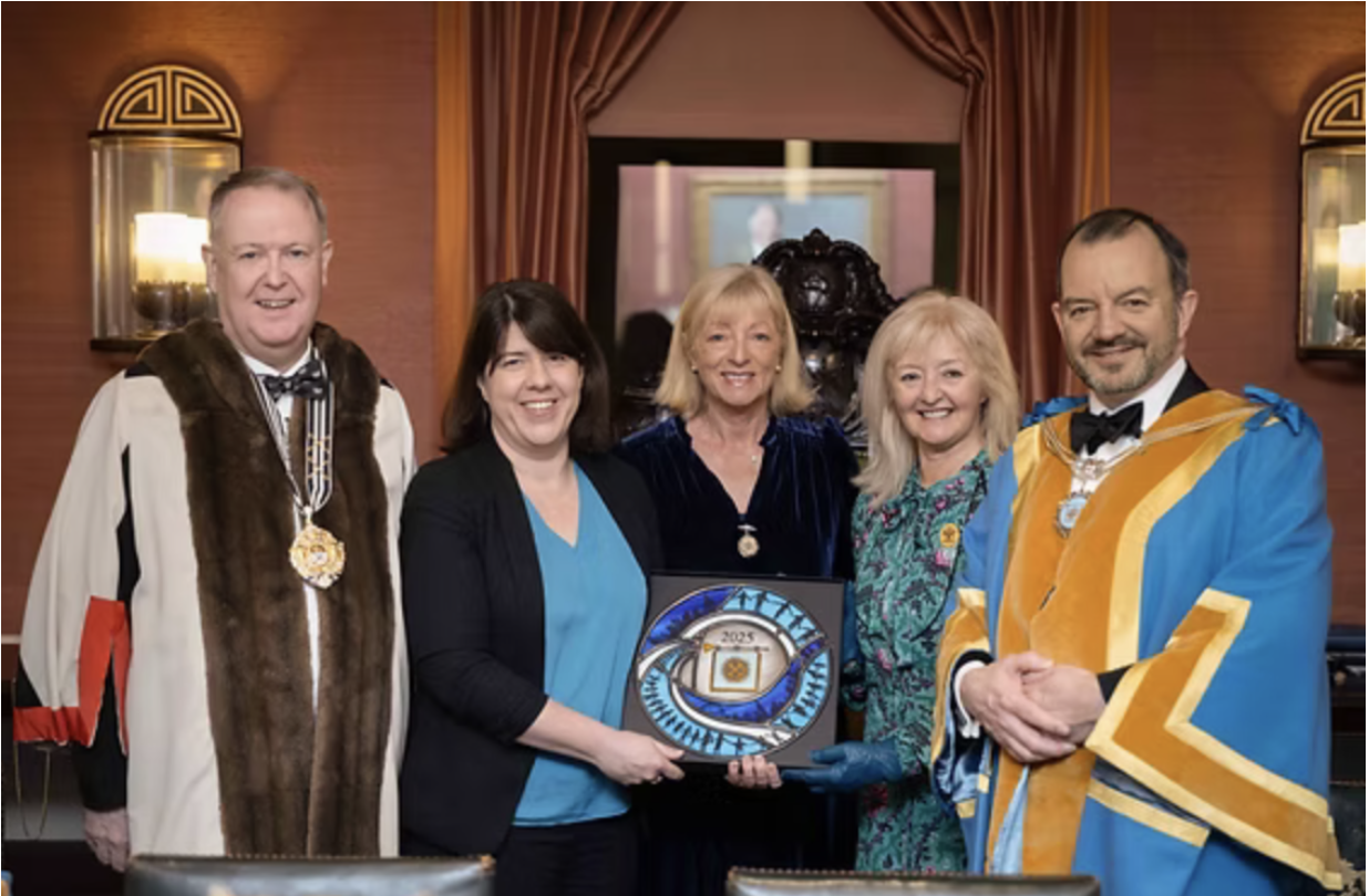 from left: Master Glazier Tim McNally,mTess Steventon reporesenting Sybil Elgar School, CPC Chair Christine Smith and Tina Richardson, Master Communicator Jason Groves